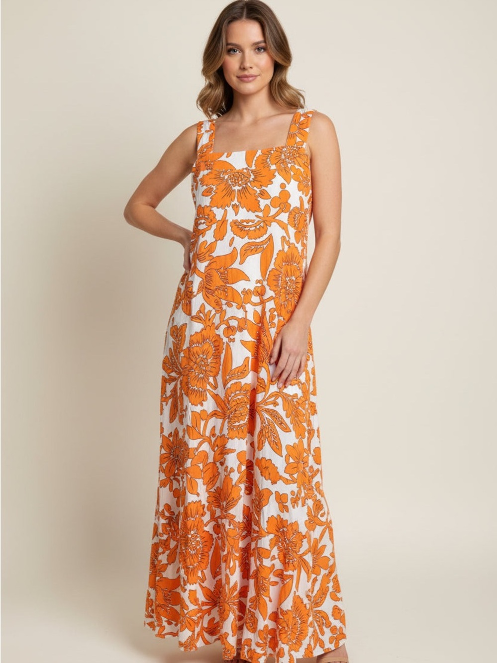 MSK Orange Floral Square-Neck Maxi Dress
